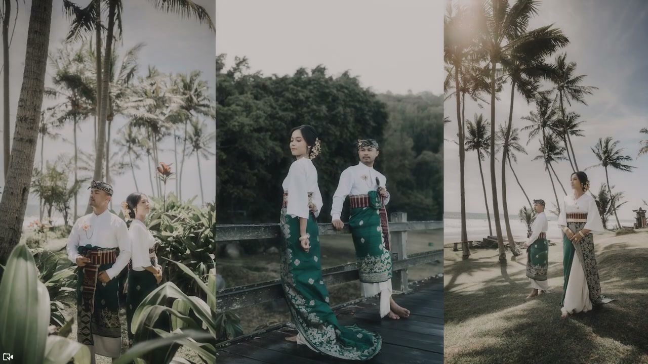 Pasangan berbusana adat Bali berjalan bergandengan di atas rumput menuju pantai berpohon kelapa. — 2