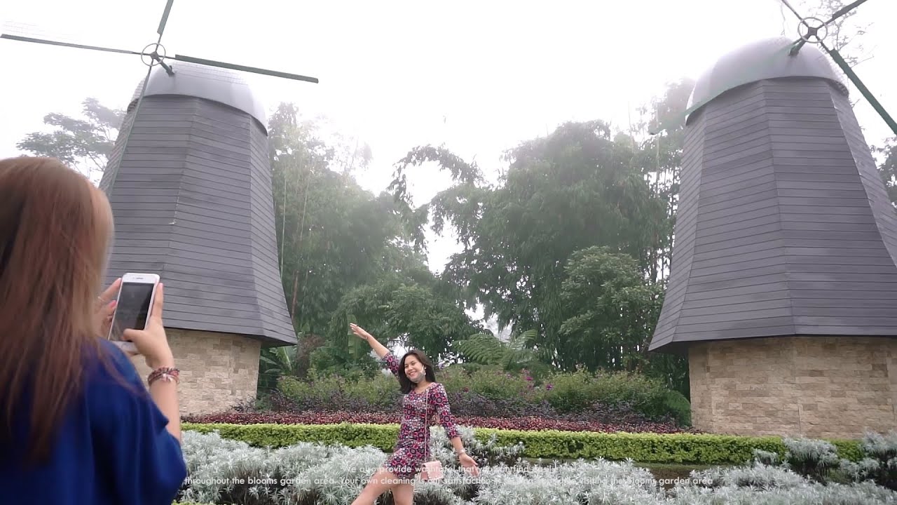 Perempuan bergaun bermotif berpose dengan satu tangan terangkat di antara dua bangunan kincir angin di taman bunga, sementara perempuan berbaju biru memotretnya dengan ponsel.